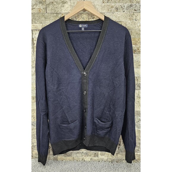 J.Crew 100% Merino Wool Cardigan Sweater Navy Blue Mens L Pockets Grandpa Preppy - Picture 1 of 13
